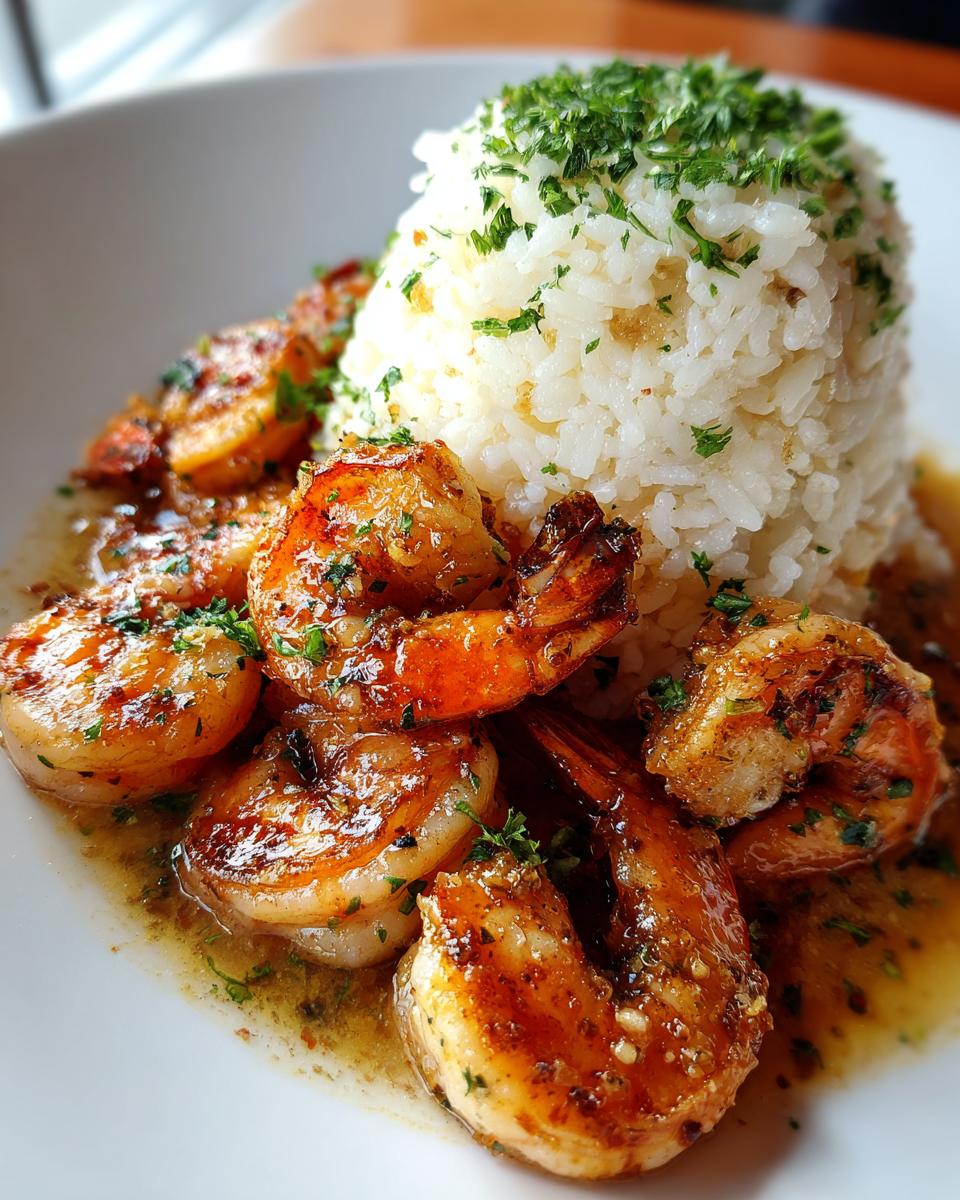 Close-up of perfectly cooked Garlic Butter Shrimp And Rice, featuring saut&eacute;ed shrimp in garlic butter sauce next to a mound of white rice topped with parsley.