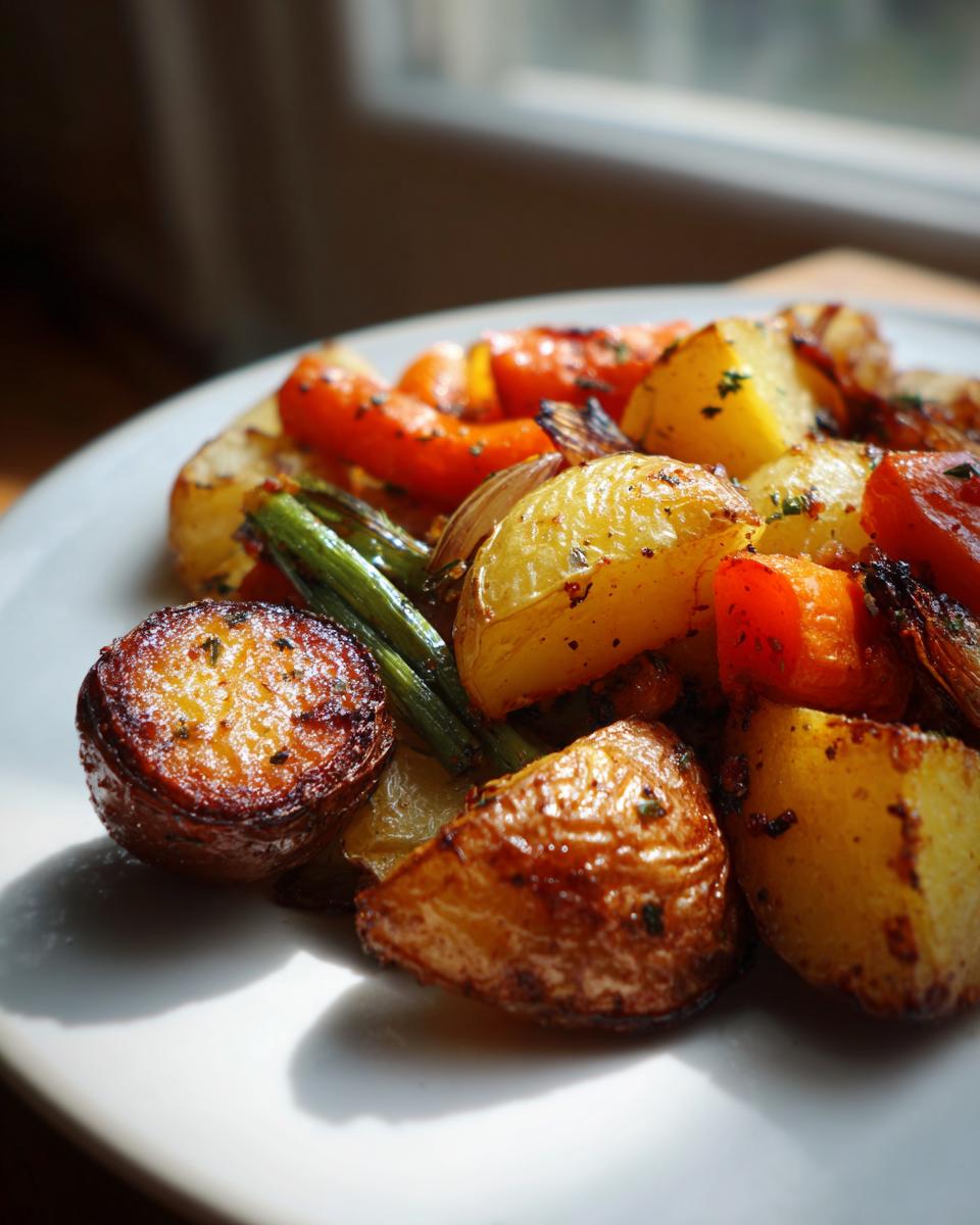 Close-up of perfectly roasted Garlic Herb Roasted Potatoes And Veggies with carrots and green beans on a white plate.