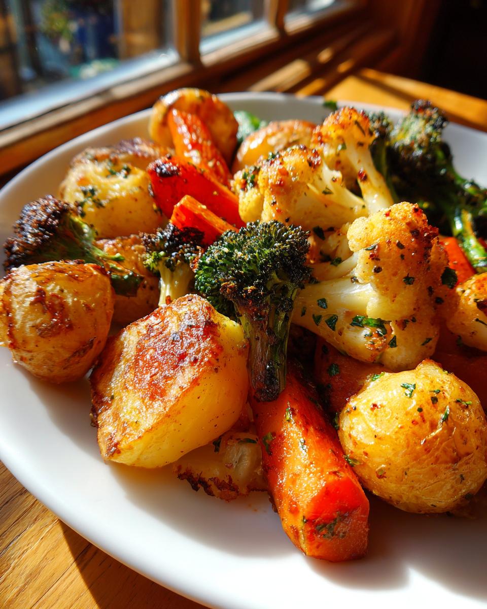 Close-up of perfectly browned Garlic Herb Roasted Potatoes And Veggies, including broccoli and carrots, on a white plate.