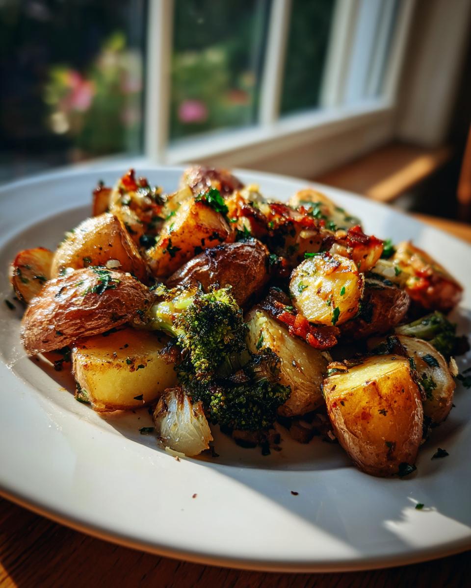 Close-up of golden brown Garlic Herb Roasted Potatoes And Veggies served on a white plate near a sunny window.