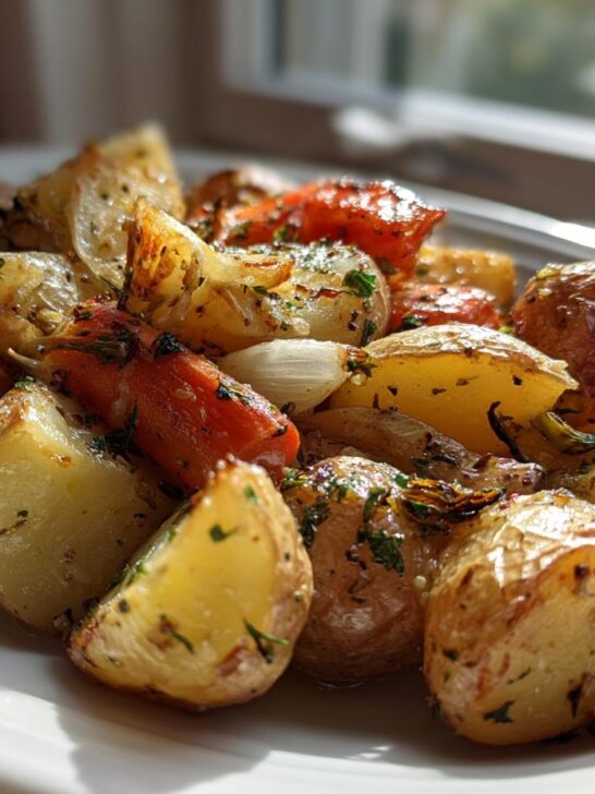 Close-up of perfectly roasted Garlic Herb Roasted Potatoes And Veggies, seasoned with herbs, on a white serving plate.