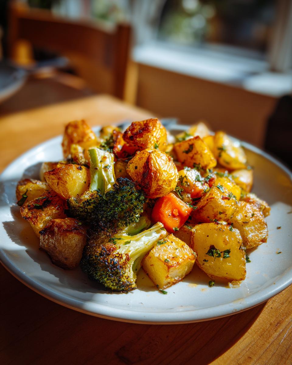Close-up of Garlic Herb Roasted Potatoes And Veggies with broccoli and carrots on a white plate.