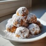 A mound of freshly baked Gingerbread Snowball Cookies heavily coated in white powdered sugar on a white plate.