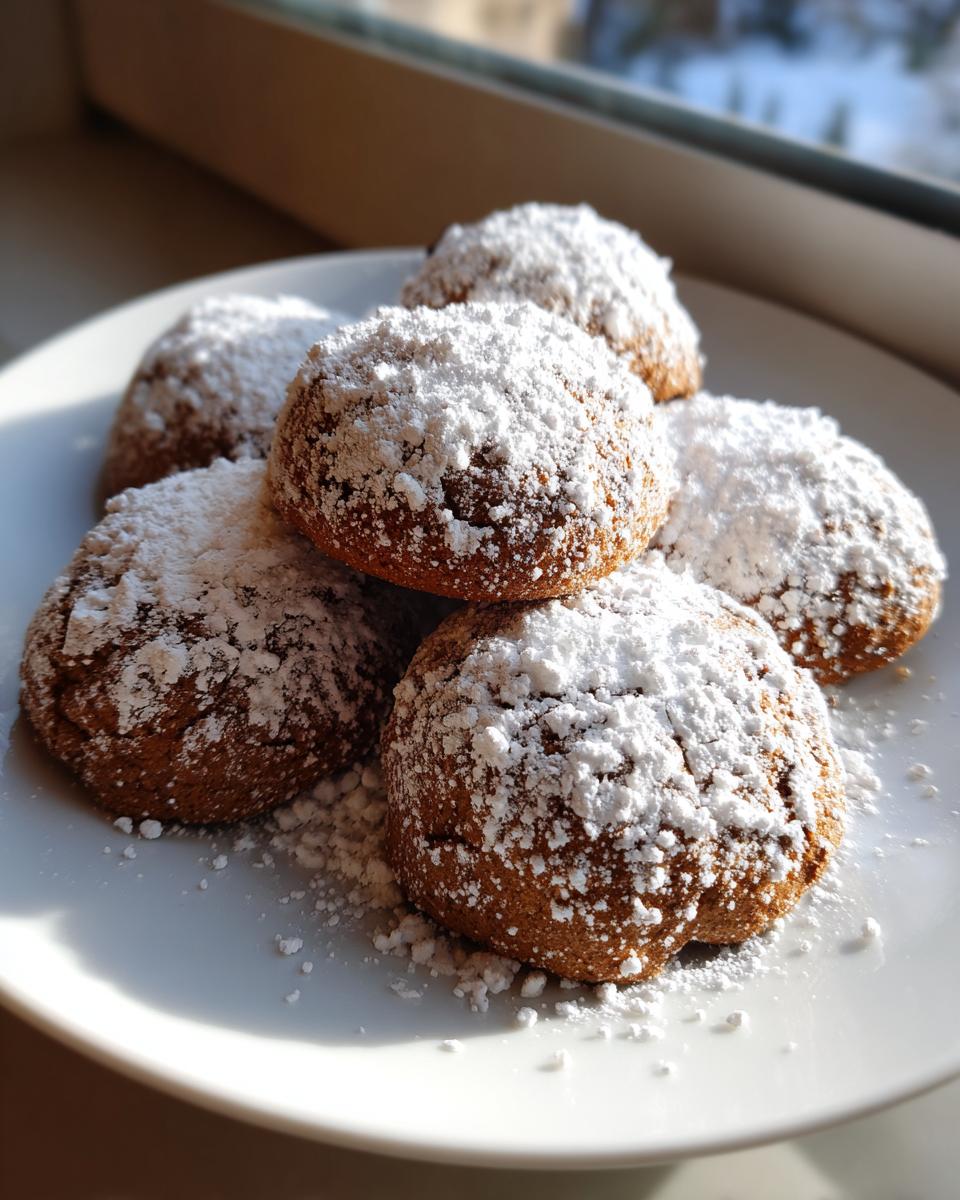 A close-up of several rich brown Gingerbread Snowball Cookies heavily dusted with white powdered sugar on a white plate.
