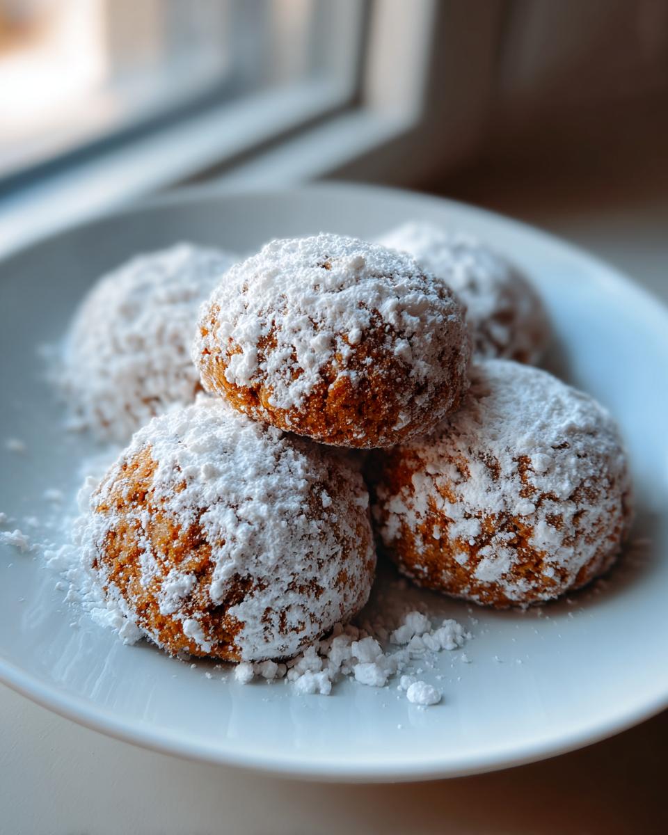 A stack of four rich brown Gingerbread Snowball Cookies heavily dusted with white powdered sugar on a white plate.