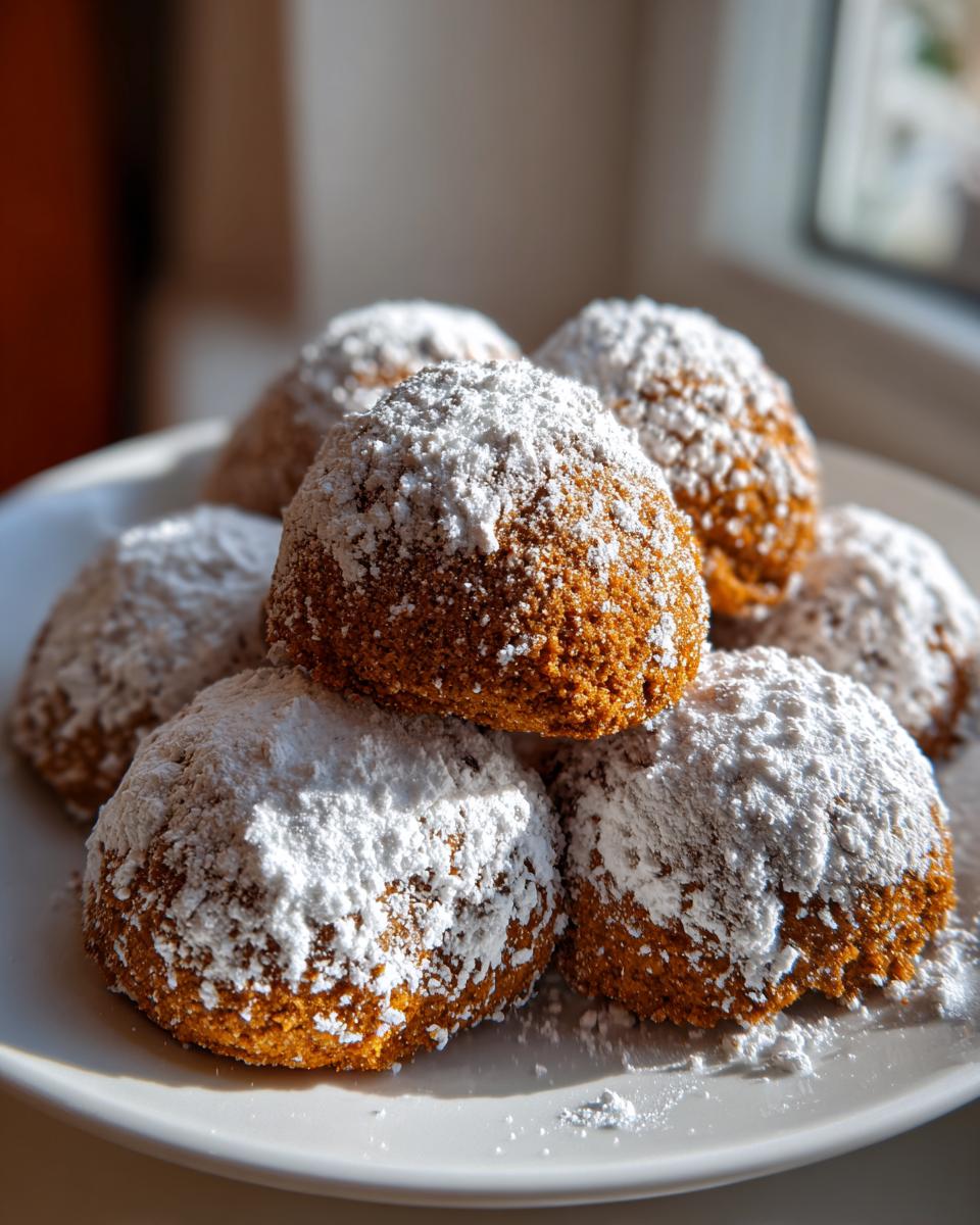A stack of rich brown Gingerbread Snowball Cookies heavily coated in white powdered sugar on a white plate.