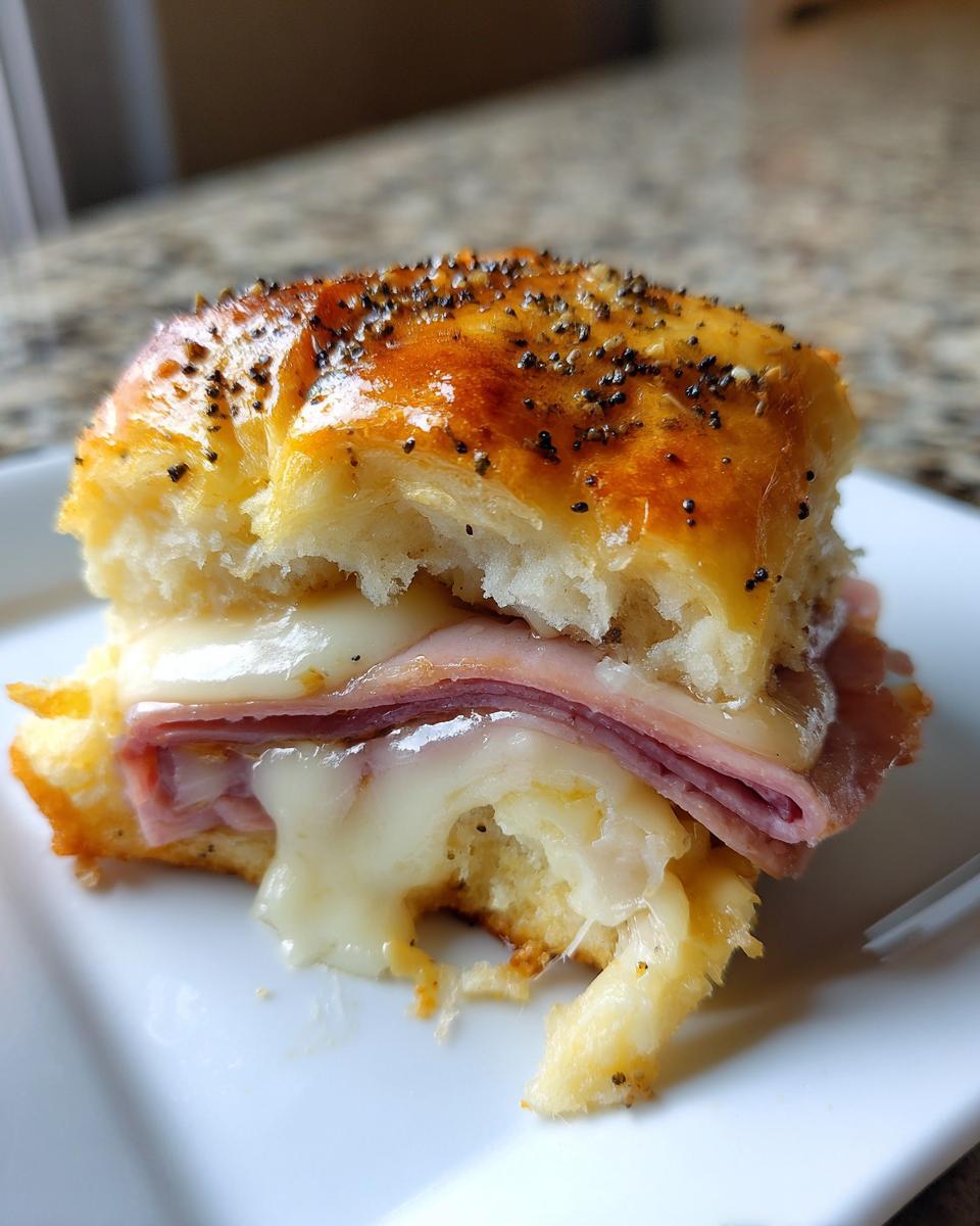 Close-up of a Glazed Ham And Cheese Sliders showing melted white cheese oozing over ham on a poppy seed bun.