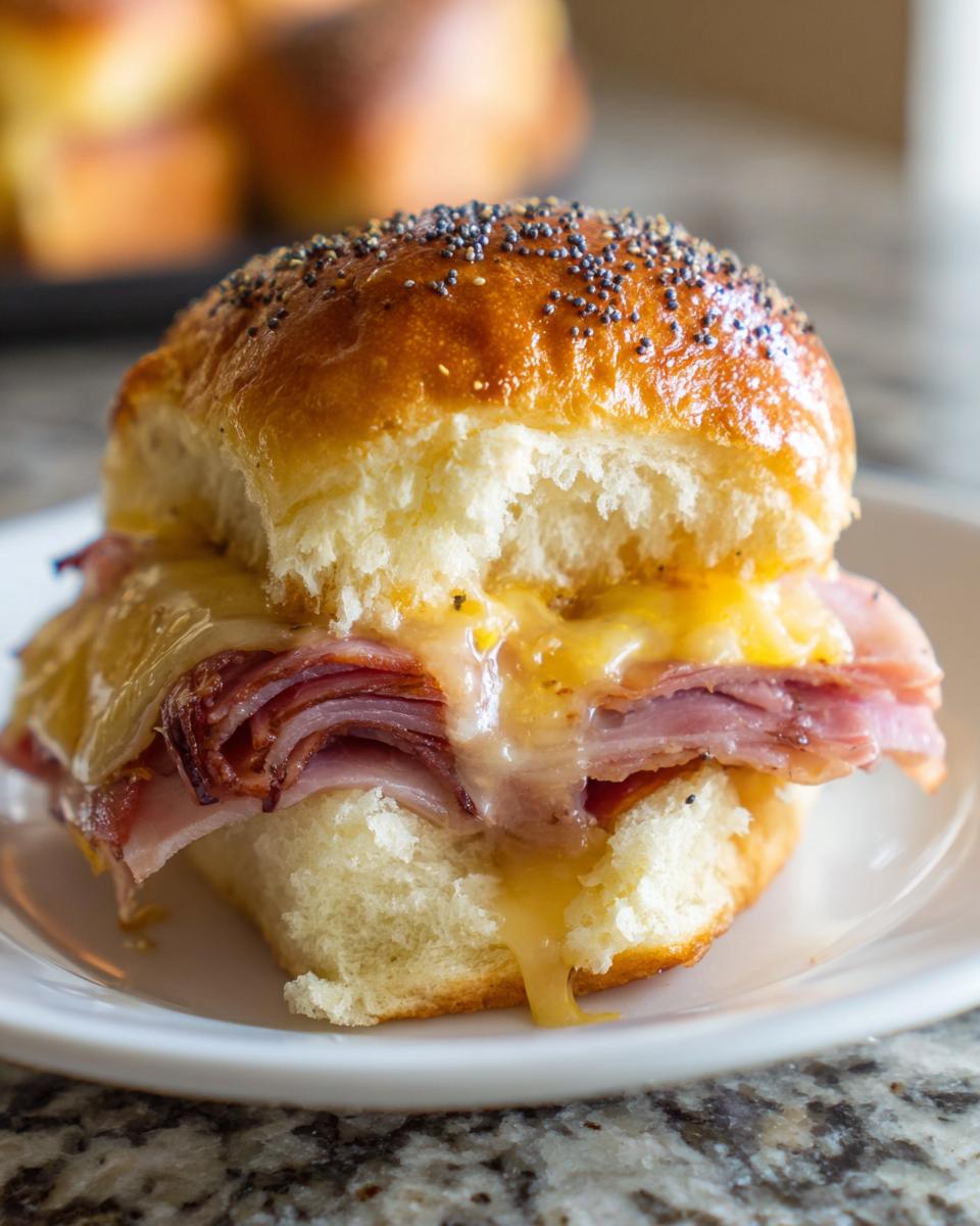 A close-up of one Glazed Ham And Cheese Sliders on a white plate, featuring melted cheese dripping over layers of ham.