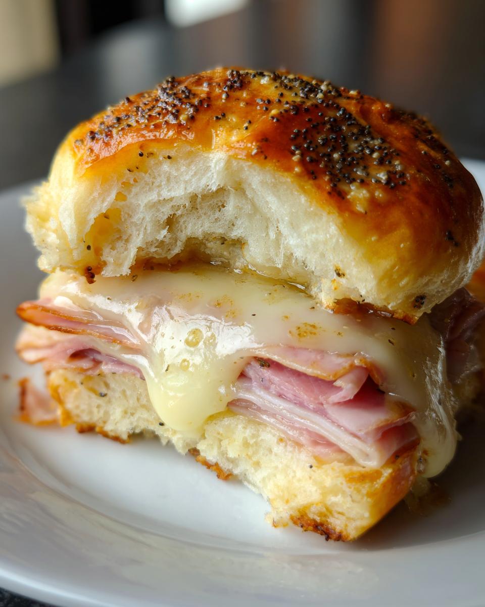 Close-up of a Glazed Ham And Cheese Sliders with melted cheese dripping over layers of ham on a poppy seed bun.