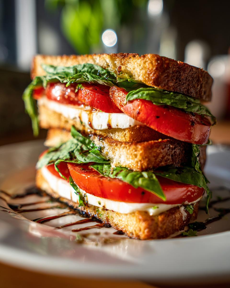 A tall, stacked Caprese Sandwich featuring toasted bread, thick slices of tomato, fresh mozzarella, and basil, drizzled with balsamic glaze.