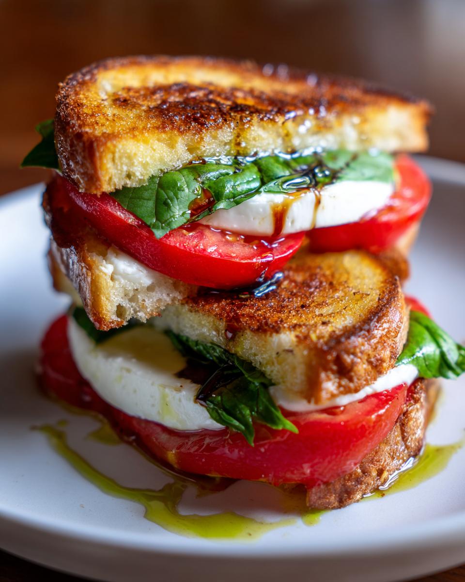A tall, stacked Caprese Sandwich featuring toasted bread, thick tomato slices, mozzarella, and basil, drizzled with balsamic.