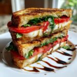 A tall, stacked Caprese Sandwich featuring grilled bread, melted mozzarella, tomatoes, basil, and balsamic glaze.
