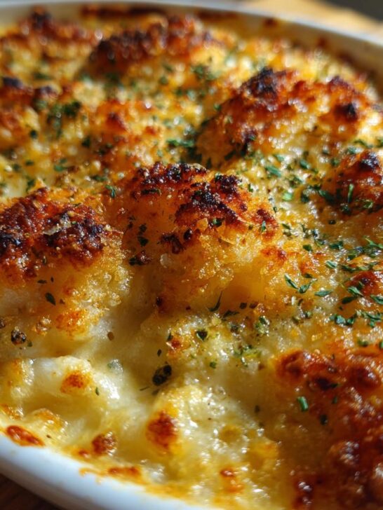 Close-up of a baked Seafood Gratin Recipe with a crispy, golden-brown, cheesy topping sprinkled with parsley.