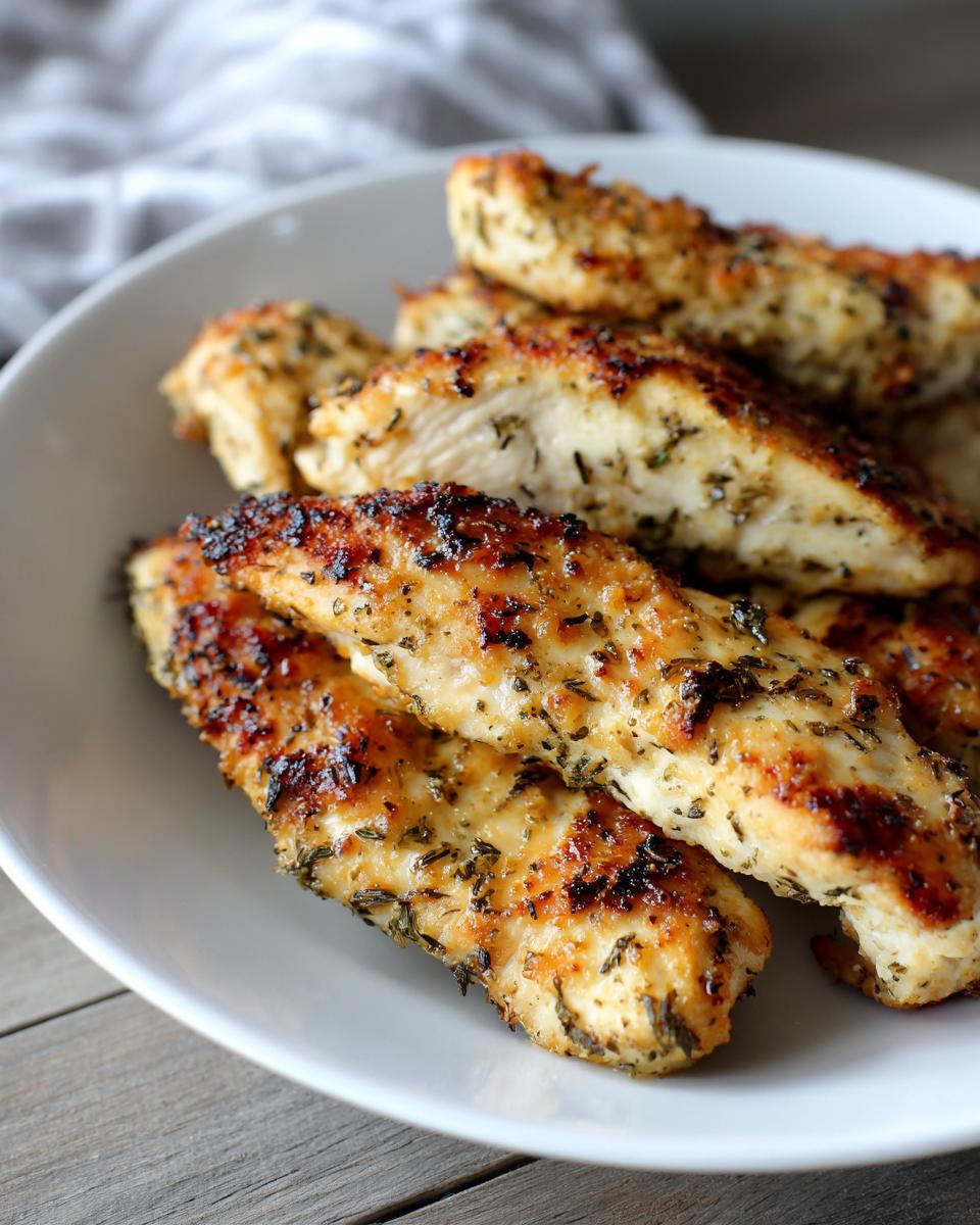 Close-up of perfectly cooked Greek Chicken Tenders seasoned with herbs, piled on a white plate.