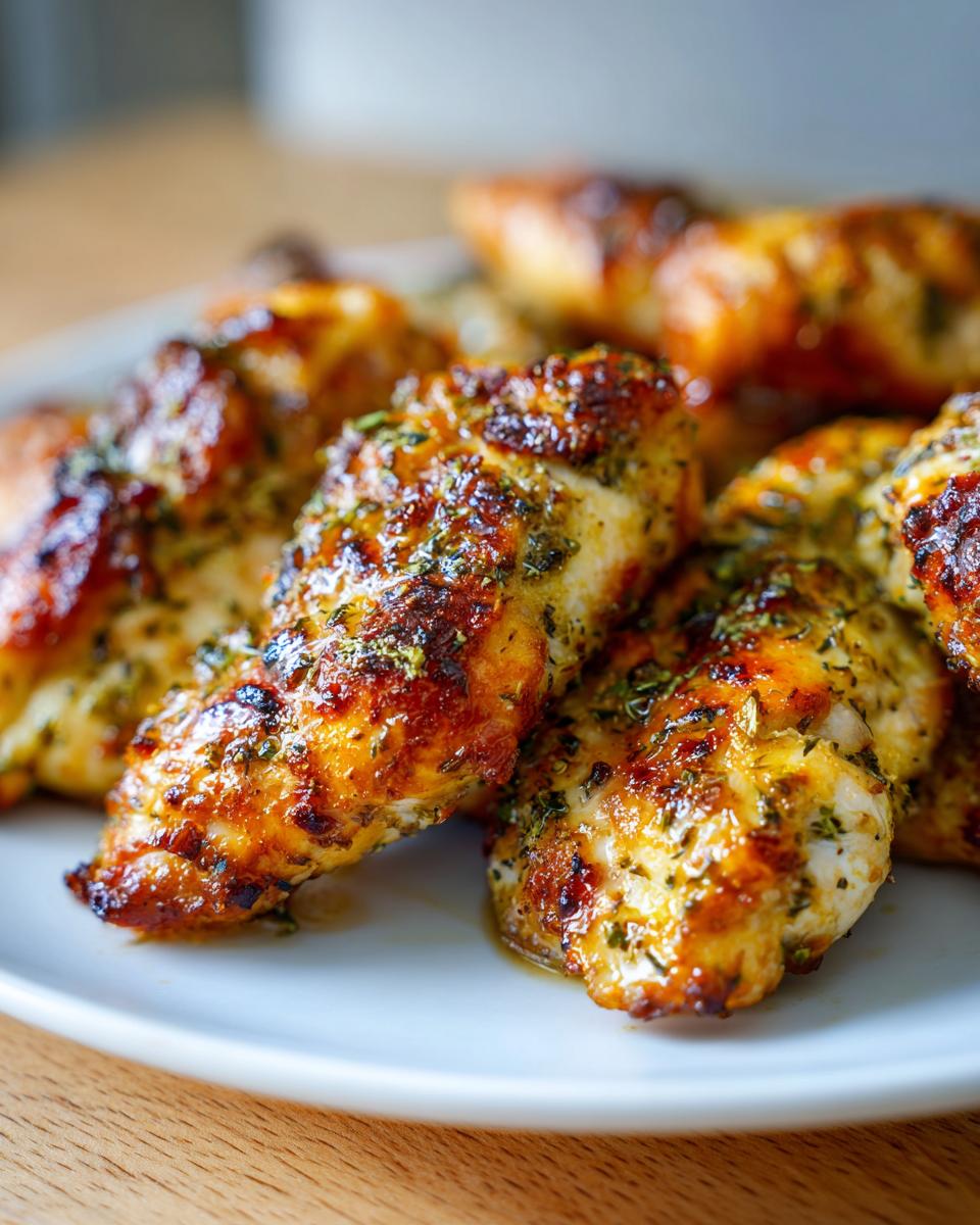 Close-up of perfectly cooked Greek Chicken Tenders, seasoned with herbs and slightly caramelized.