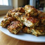 A pile of golden-brown Greek Chicken Tenders seasoned with herbs, with one piece broken open showing the white interior.