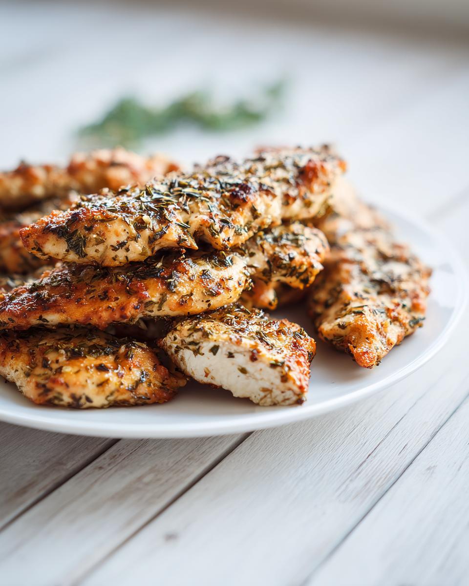 A close-up of seasoned and cooked Greek Chicken Tenders piled on a white plate.