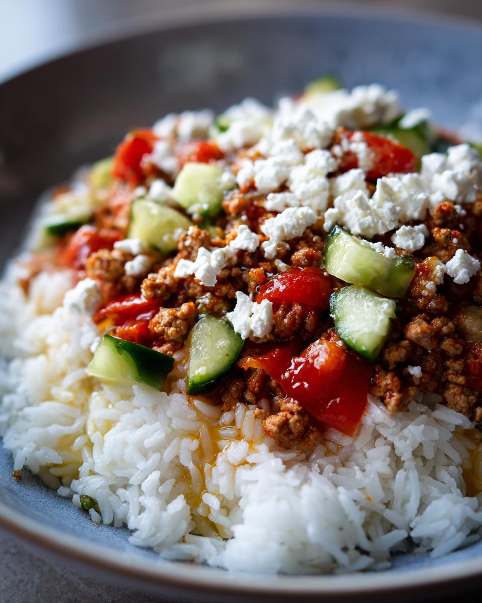 Close-up of a Greek Ground Turkey Rice Bowl topped with crumbled feta cheese and diced cucumbers over seasoned ground turkey and white rice.