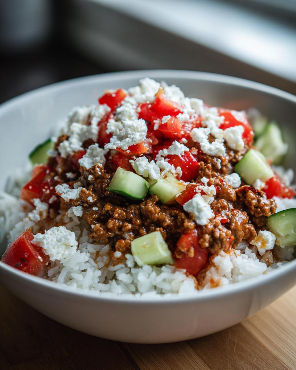 Close-up of a Greek Ground Turkey Rice Bowl topped with seasoned meat, diced tomatoes, cucumbers, and crumbled feta cheese.