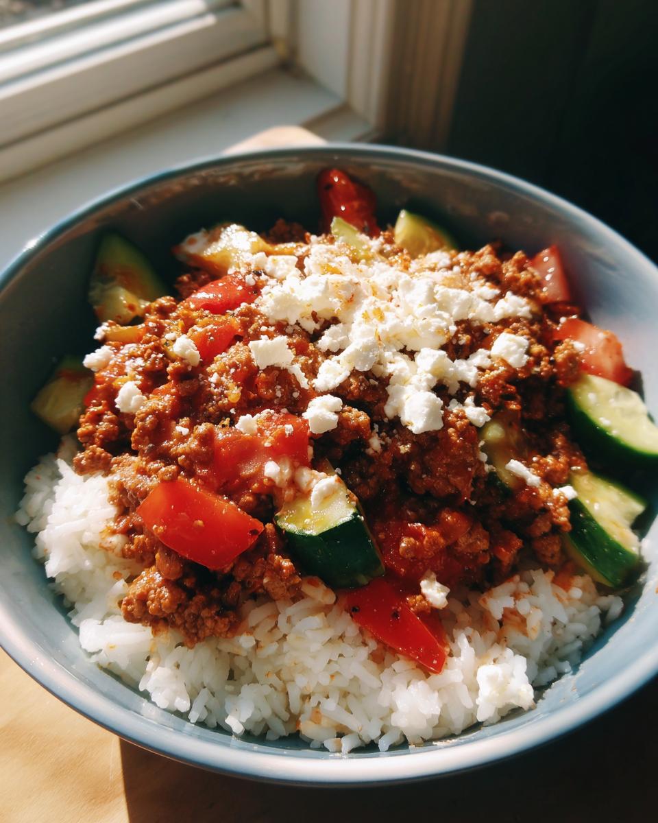 A close-up of a Greek Ground Turkey Rice Bowl topped with crumbled feta cheese, tomatoes, and cucumber slices.
