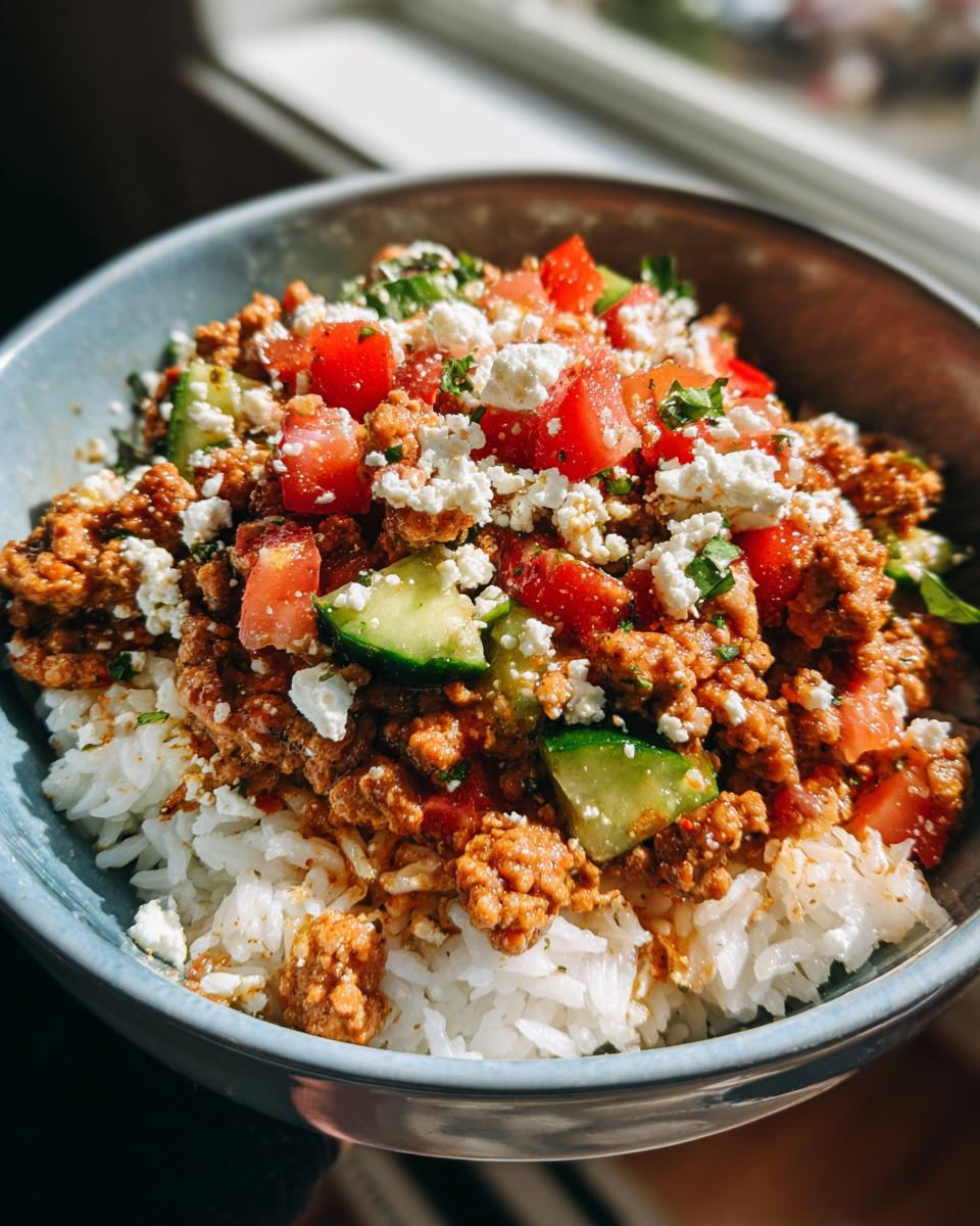 Close-up of a Greek Ground Turkey Rice Bowl topped with seasoned ground turkey, diced tomatoes, cucumbers, and feta cheese.