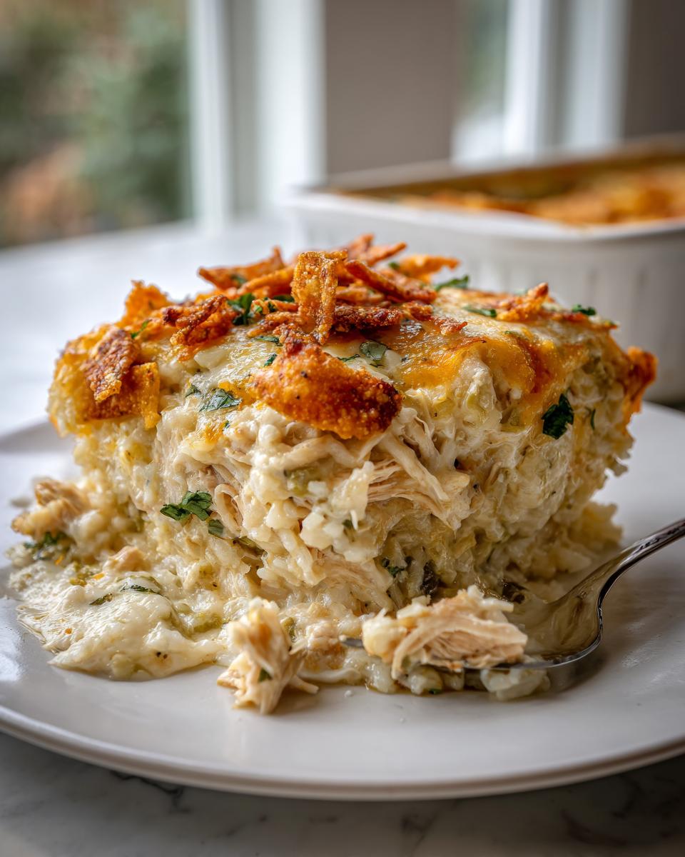 A close-up serving of creamy Green Chile Chicken And Rice Casserole topped with crispy onions on a white plate.