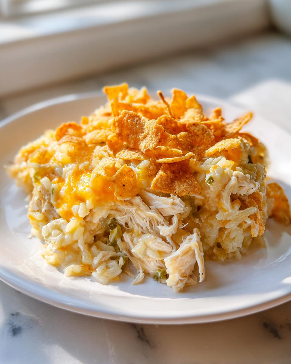 A scoop of creamy Green Chile Chicken And Rice Casserole topped with melted cheese and crunchy corn chips.