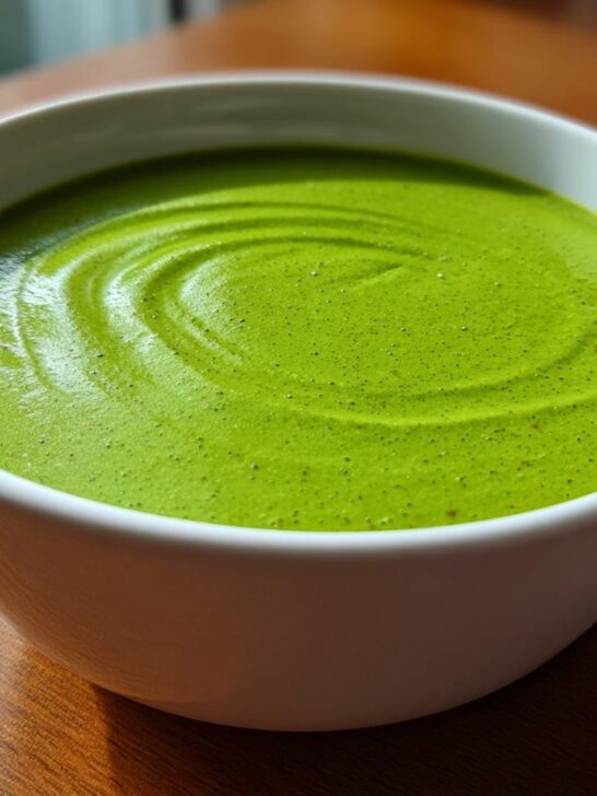 Close-up of a bowl filled with vibrant, creamy Green Goddess Soup Recipe, showing swirls on the surface.