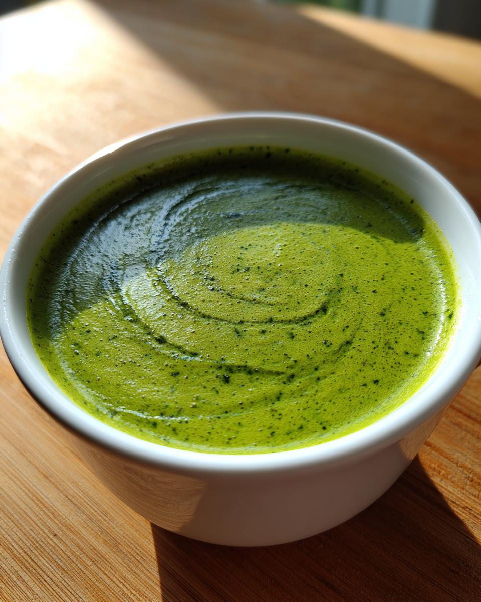 Close-up of vibrant, creamy Green Goddess Soup in a white bowl, showing a swirl pattern on the surface.
