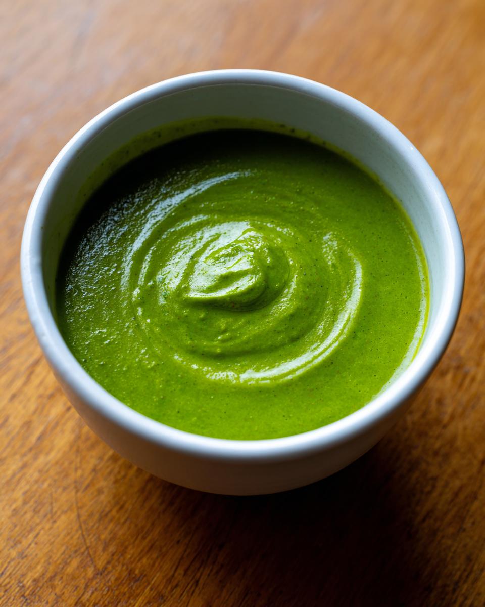 Close-up of a small white bowl filled with thick, vibrant Green Goddess Soup Recipe.