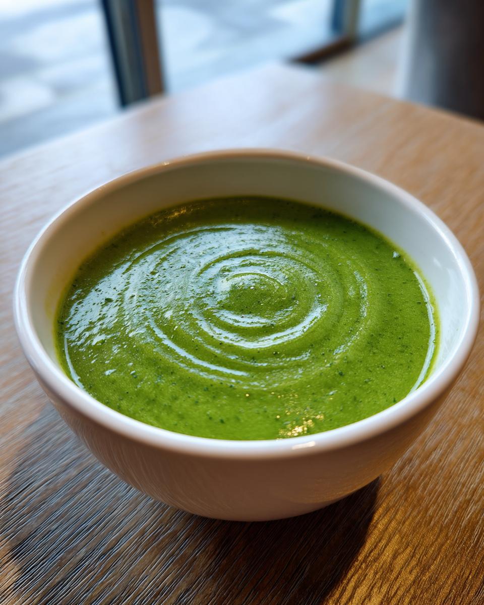 Close-up of a vibrant Green Goddess Soup Recipe, pureed smooth with a swirl pattern, served in a white bowl.