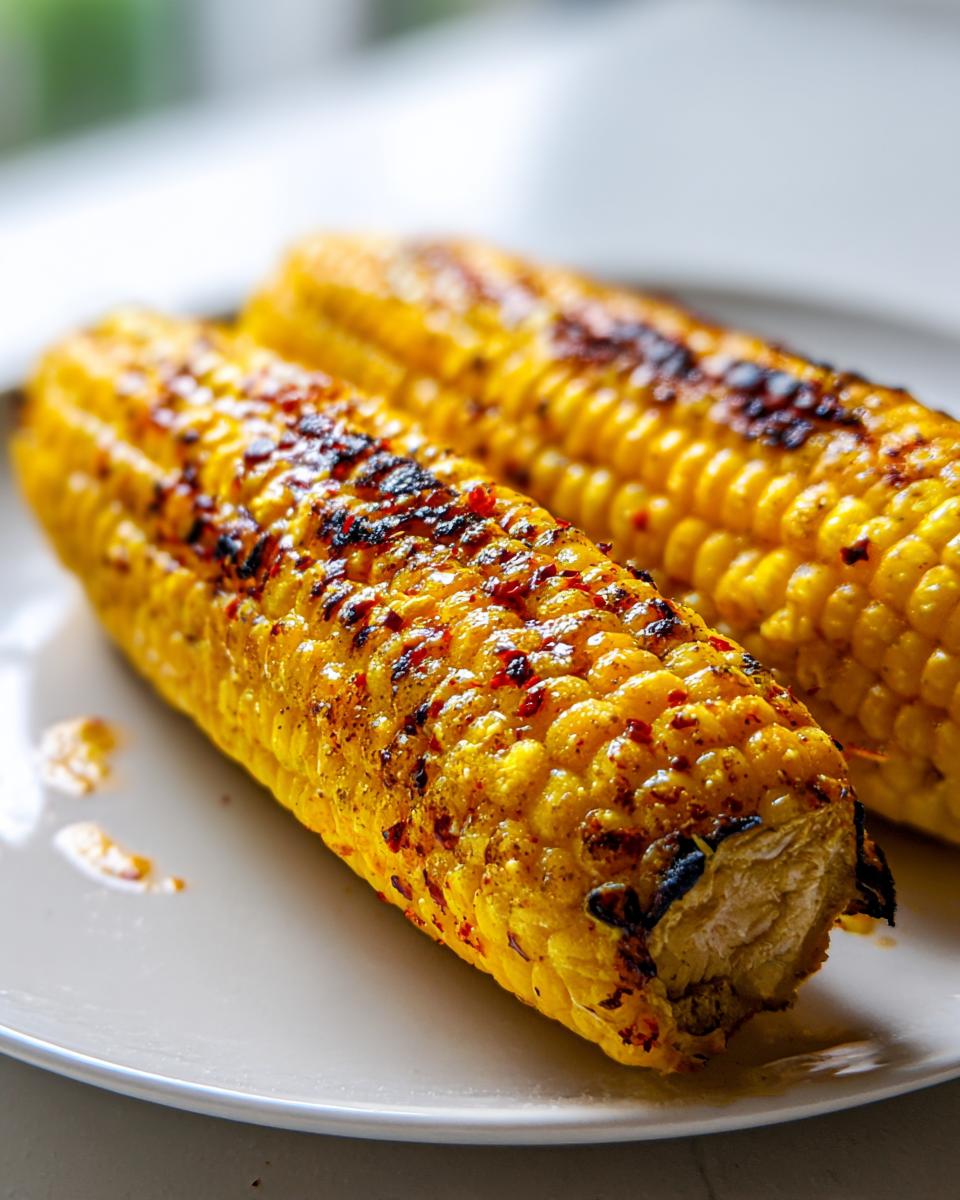 Close-up of two ears of Grilled Corn On The Cob With Chili Lime Butter, showing char marks and seasoning.