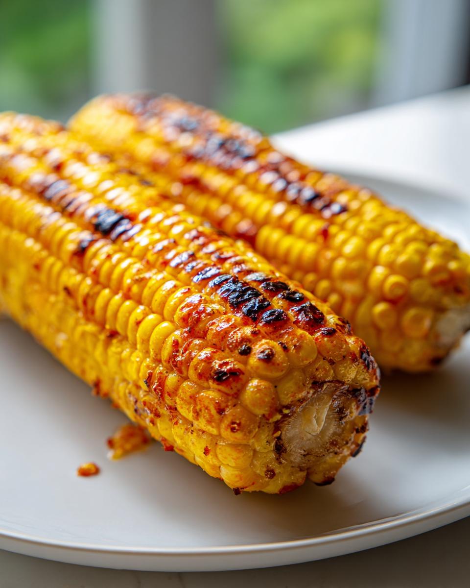 Close-up of two ears of Grilled Corn On The Cob With Chili Lime Butter, showing char marks and a glossy coating.