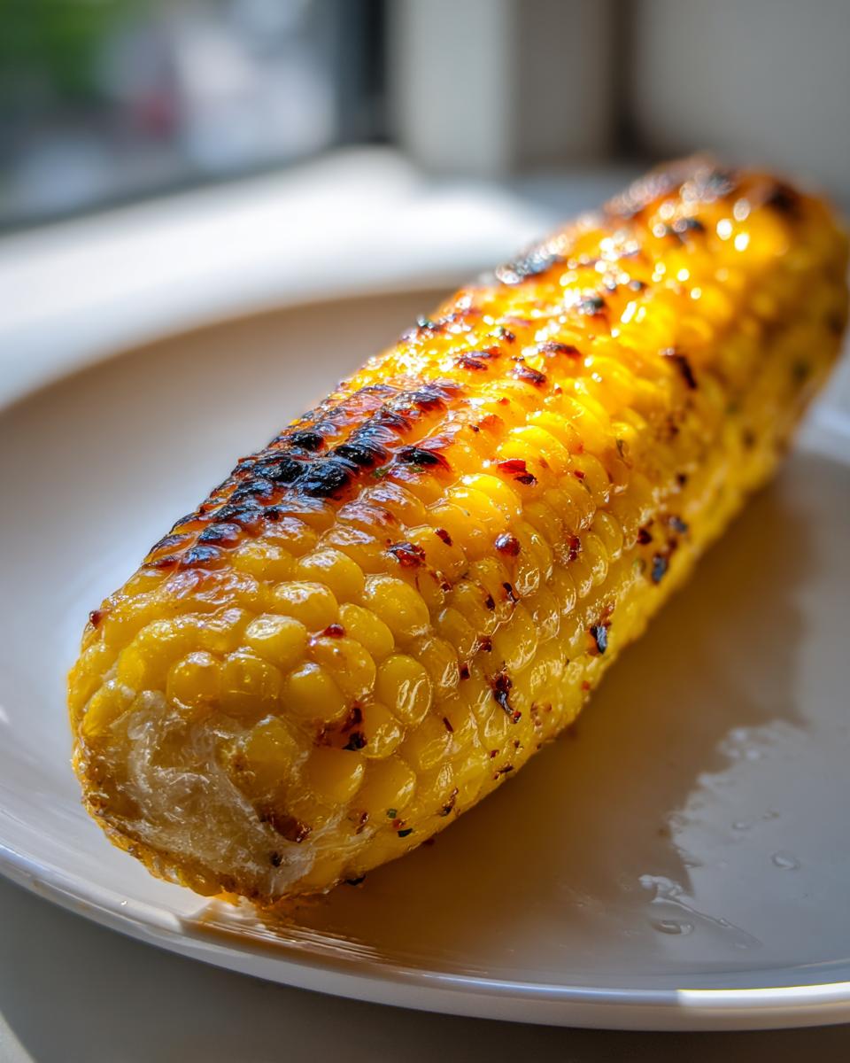 A close-up, brightly lit photo of Grilled Corn On The Cob With Chili Lime Butter resting on a white plate.