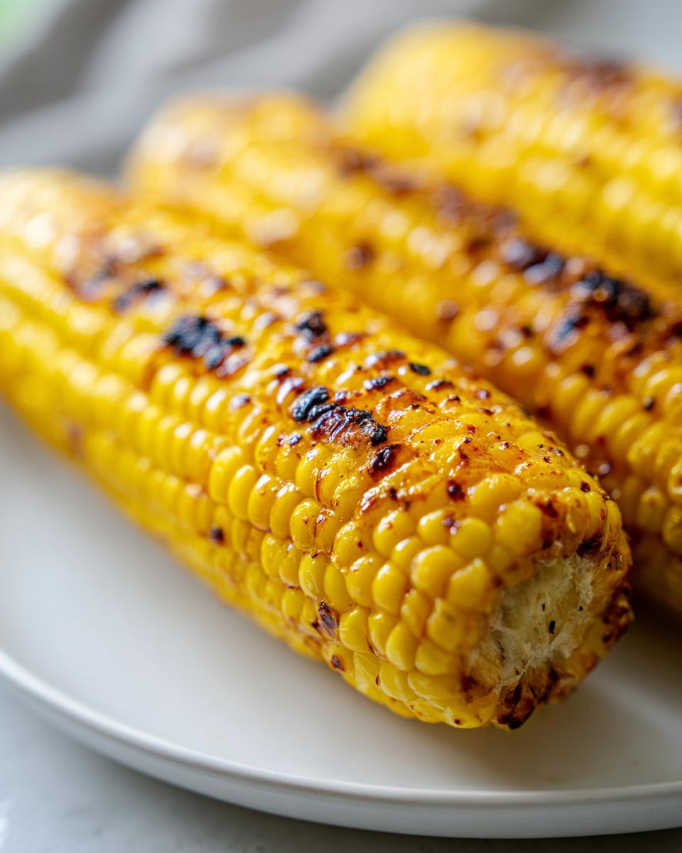 Close-up of bright yellow Grilled Corn On The Cob With Chili Lime Butter showing char marks.