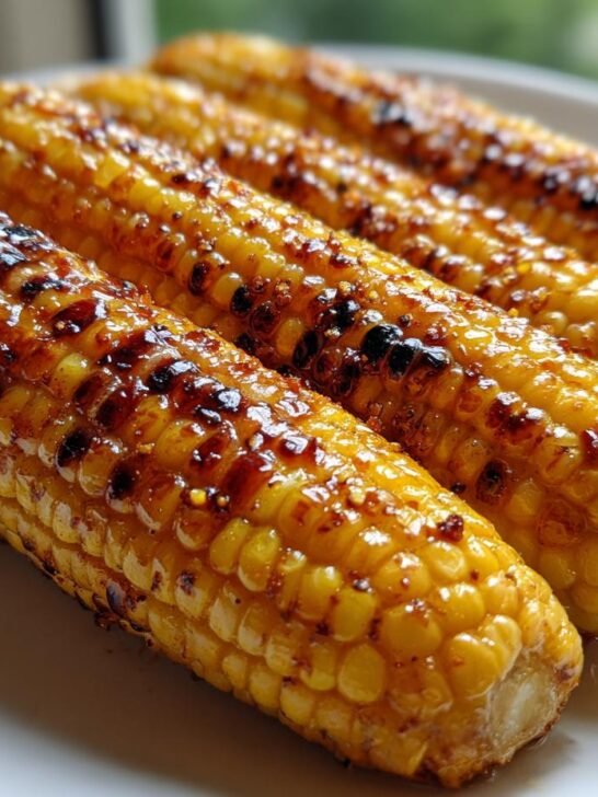 Four ears of perfectly Grilled Corn On The Cob With Chili Lime Butter, showing char marks and a glossy glaze.