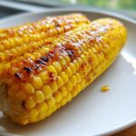 Close-up of two bright yellow Grilled Corn On The Cob With Chili Lime Butter, glistening on a white plate.
