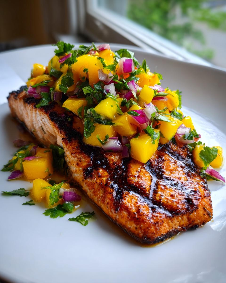 Close-up of perfectly grilled salmon topped generously with vibrant mango salsa.