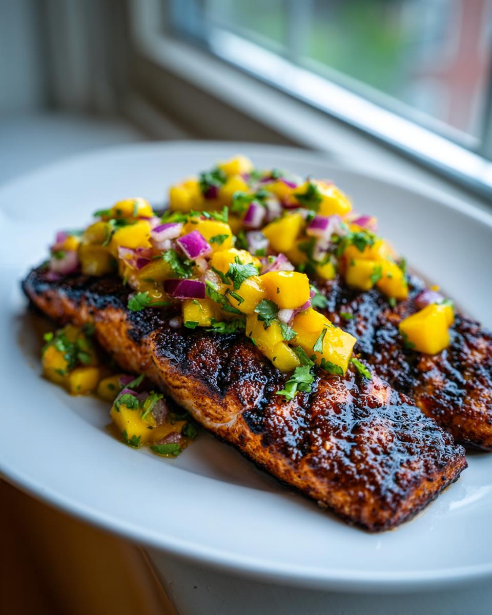 Two perfectly grilled salmon fillets topped generously with bright mango salsa in this Grilled Salmon With Mango Salsa dish.