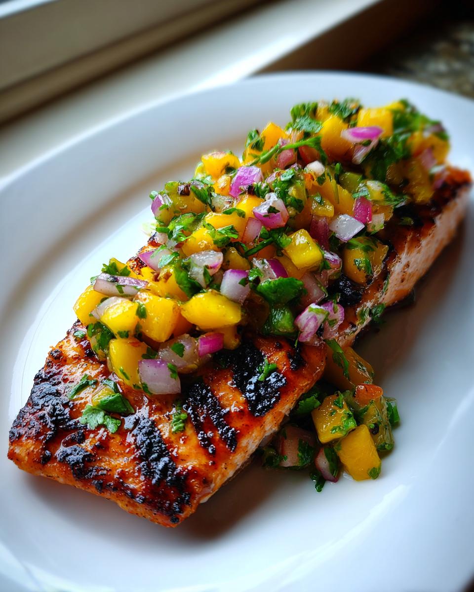 A perfectly grilled salmon fillet topped generously with fresh mango salsa, featuring diced mango, red onion, and cilantro.