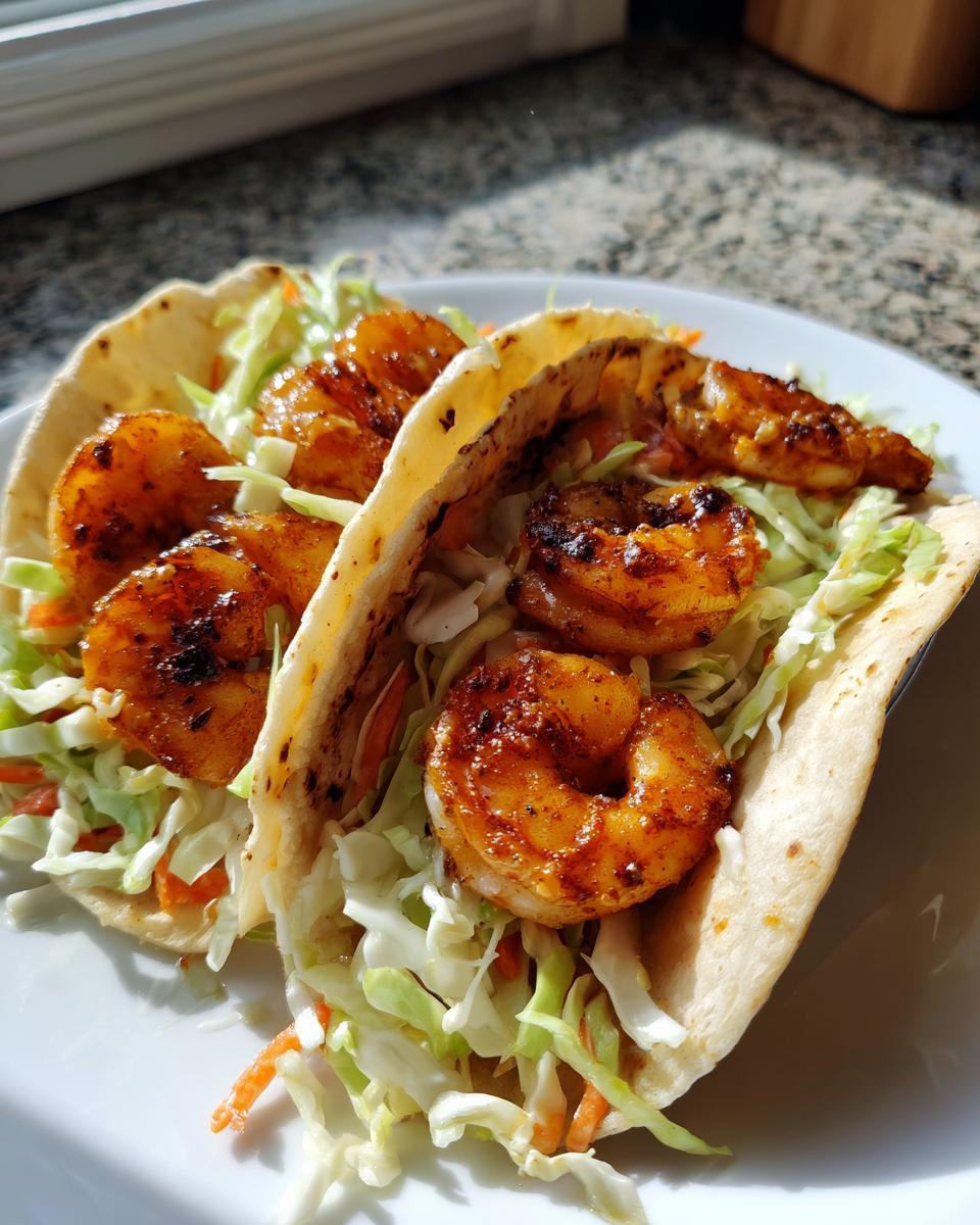 Two delicious Grilled Shrimp Tacos With Cabbage Slaw served on a white plate, featuring seasoned grilled shrimp and fresh slaw.
