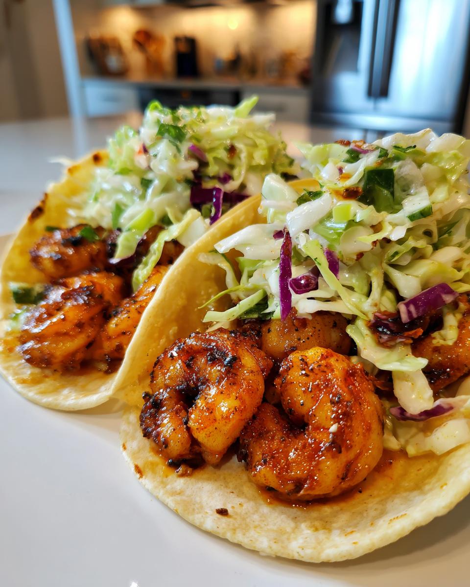 Two delicious Grilled Shrimp Tacos With Cabbage Slaw featuring seasoned grilled shrimp and fresh slaw on soft tortillas.
