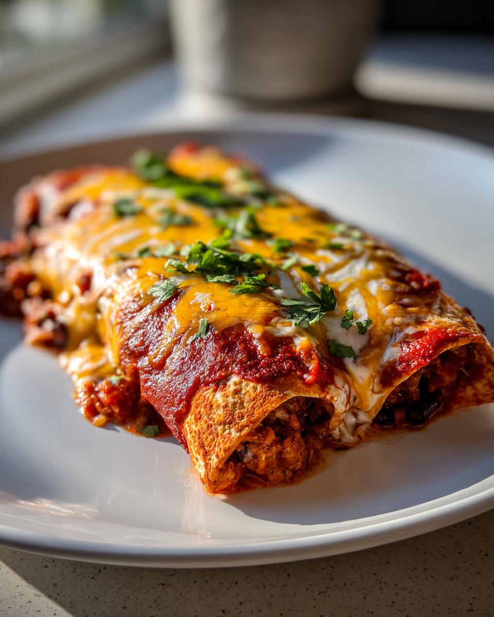 Two baked Ground Turkey Black Bean Enchiladas covered in red sauce and melted cheddar cheese, garnished with cilantro.