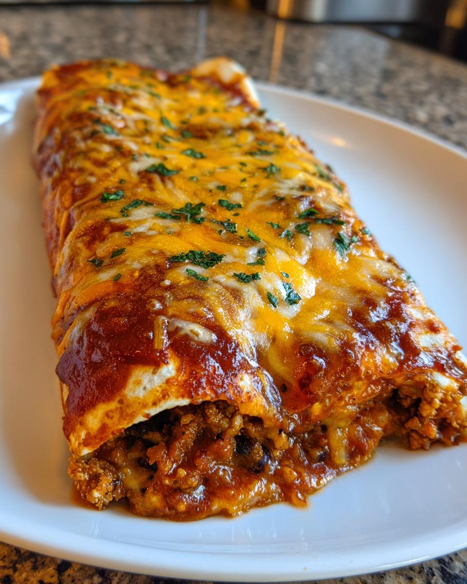 Close-up of baked Ground Turkey Black Bean Enchiladas covered in melted cheddar and Monterey Jack cheese and sprinkled with parsley.
