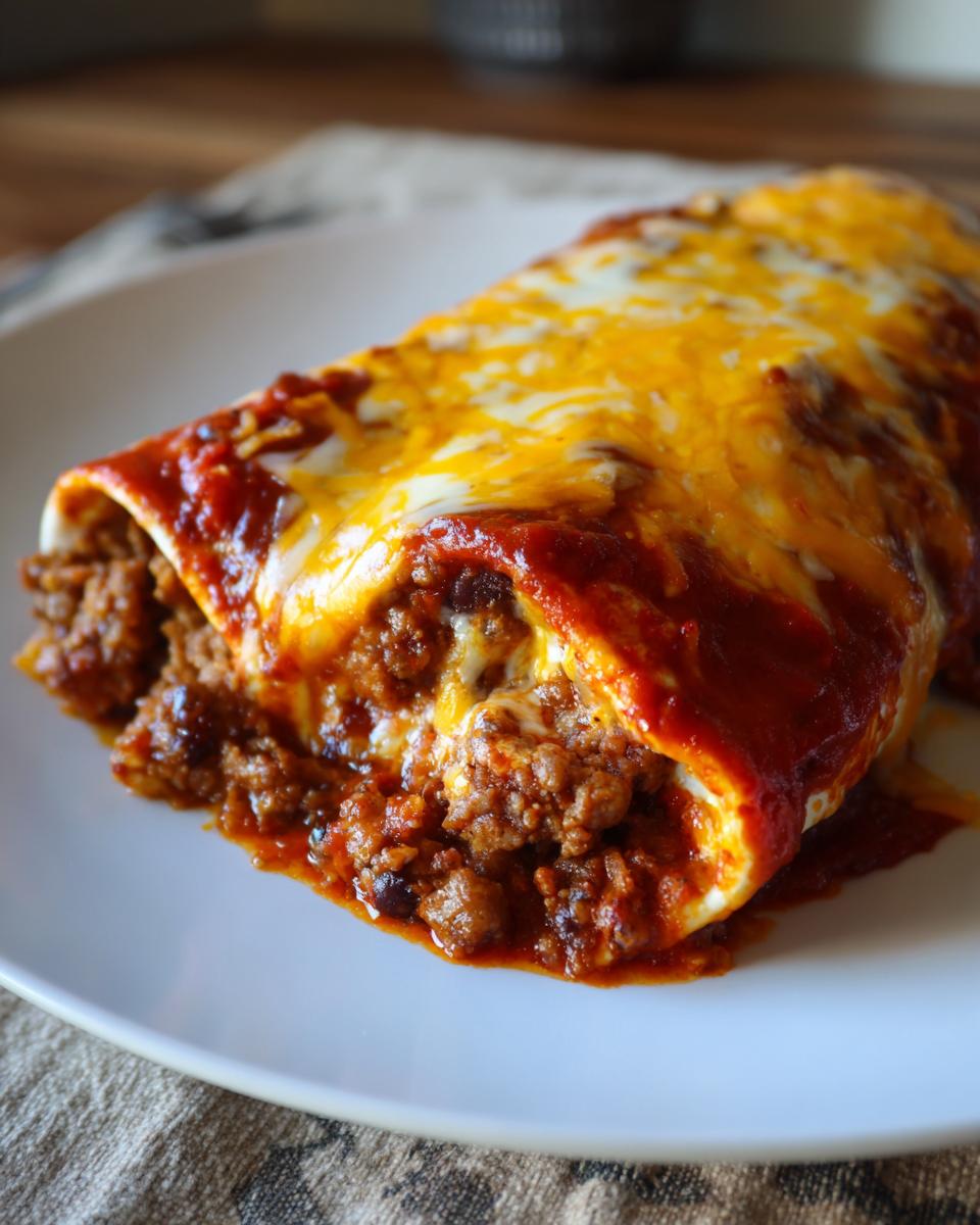 A close-up of a single serving of Ground Turkey Black Bean Enchiladas covered in red sauce and melted cheddar cheese.