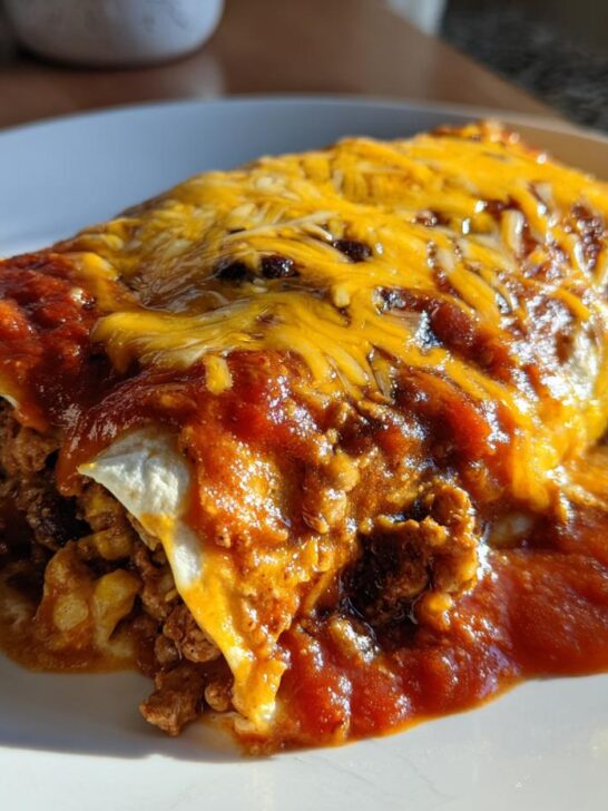 A close-up of a single serving of Ground Turkey Black Bean Enchiladas covered in red sauce and melted cheddar cheese.