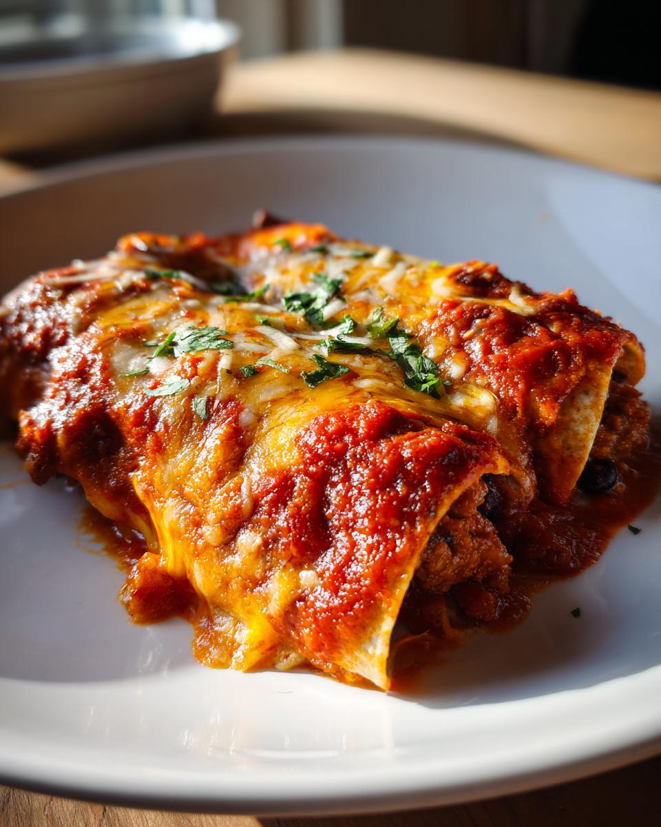 Two delicious Ground Turkey Black Bean Enchiladas covered in melted cheese and red sauce on a white plate.