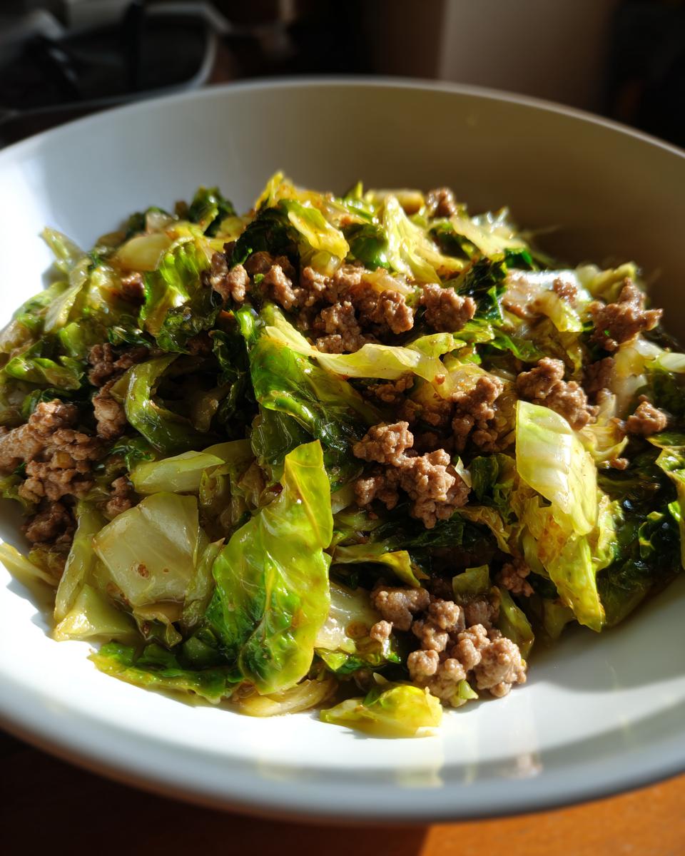 Close-up of a hearty serving of Ground Turkey Cabbage Skillet with browned ground turkey and wilted green cabbage pieces.