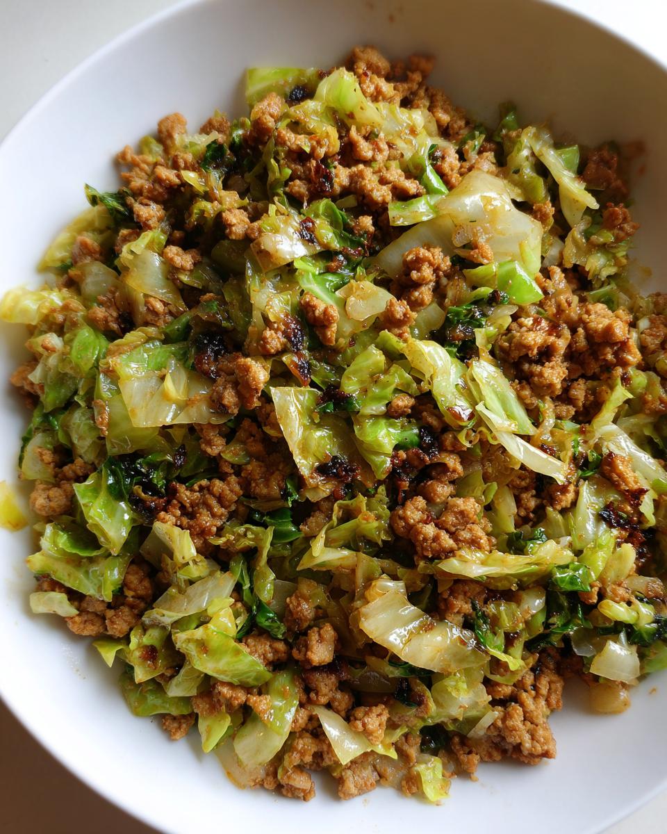 Close-up overhead view of a serving of Ground Turkey Cabbage Skillet mixture in a white bowl.