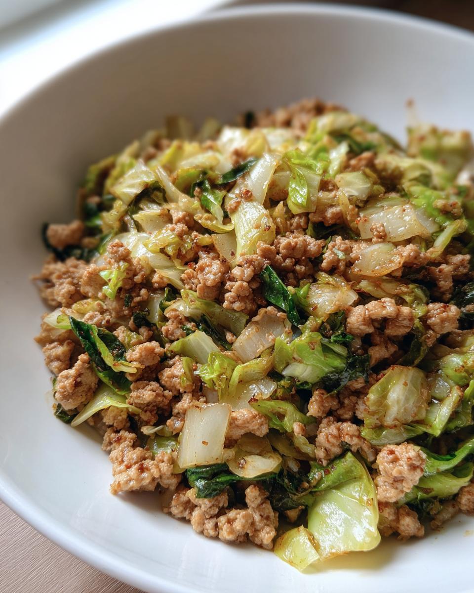 A close-up view of a serving of Ground Turkey Cabbage Skillet, featuring browned ground turkey mixed with sautéed green cabbage and onions.
